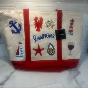 Nautical Embroidered Canvas Tote Bag - Red & Cream